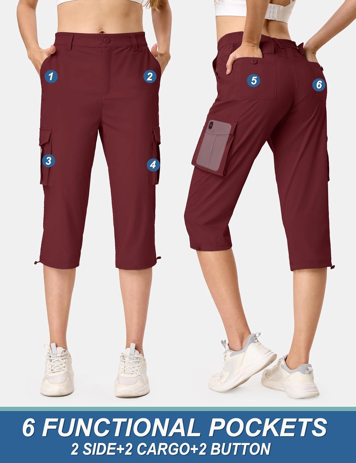 imageTACVASEN Womens Cargo Capris Lightweight Hiking Capri Pants with Pockets Water Resistant Summer Travel Outdoor CasualWine Red