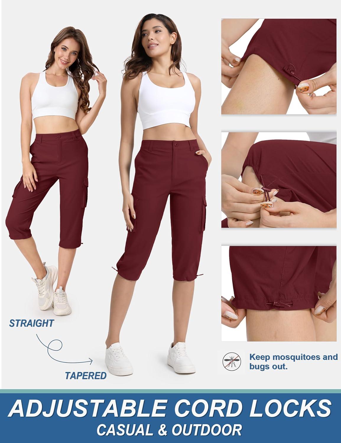 imageTACVASEN Womens Cargo Capris Lightweight Hiking Capri Pants with Pockets Water Resistant Summer Travel Outdoor CasualWine Red