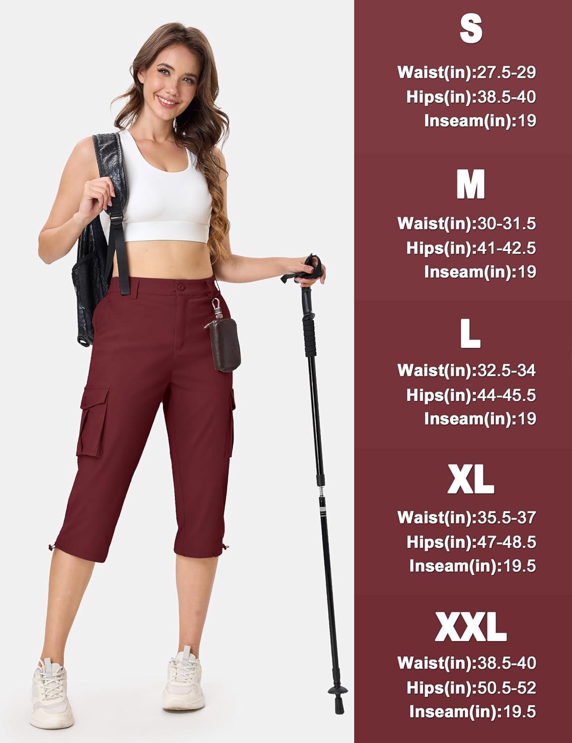 imageTACVASEN Womens Cargo Capris Lightweight Hiking Capri Pants with Pockets Water Resistant Summer Travel Outdoor CasualWine Red