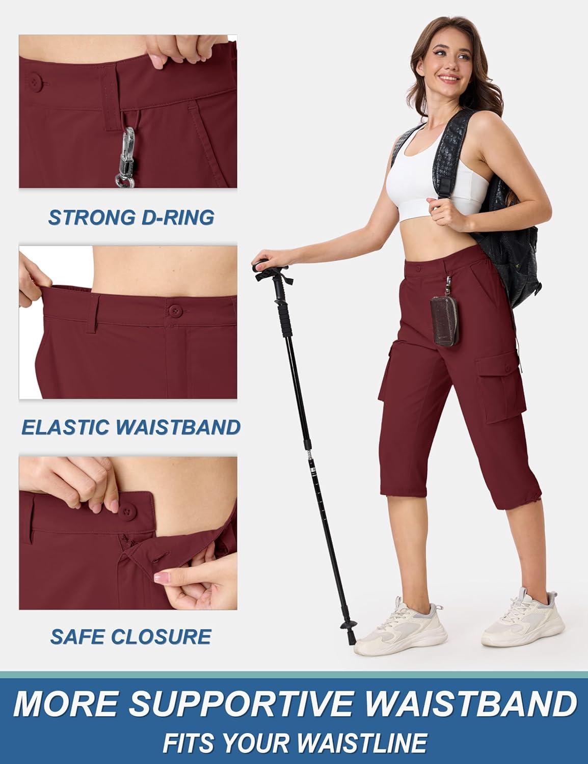 imageTACVASEN Womens Cargo Capris Lightweight Hiking Capri Pants with Pockets Water Resistant Summer Travel Outdoor CasualWine Red