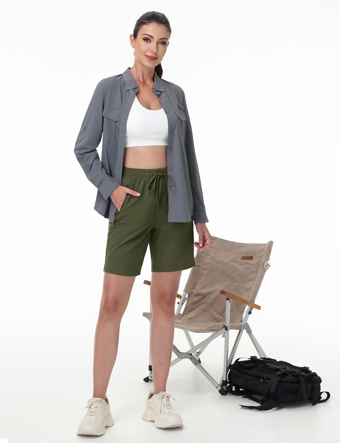 imageTACVASEN Womens Hiking Shorts Quick Dry Lightweight 8quot Water Resistant Athletic Shorts with Pockets Outdoor Golf ActiveArmy Green