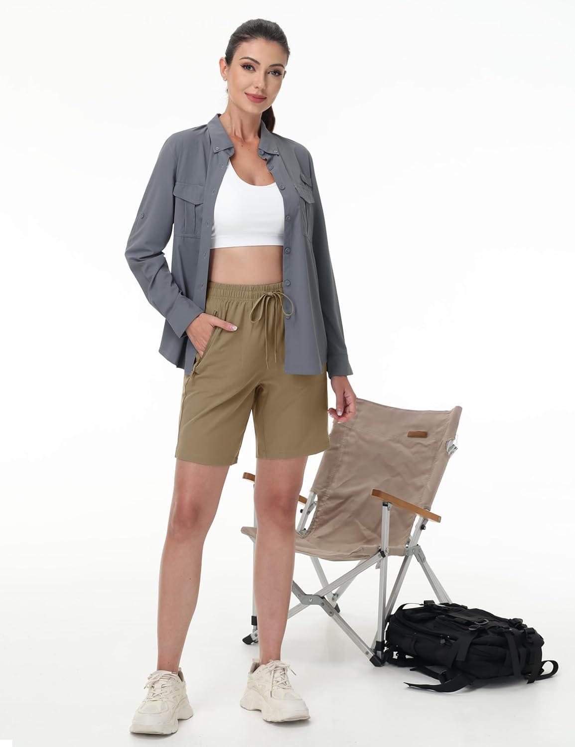 imageTACVASEN Womens Hiking Shorts Quick Dry Lightweight 8quot Water Resistant Athletic Shorts with Pockets Outdoor Golf ActiveKhaki