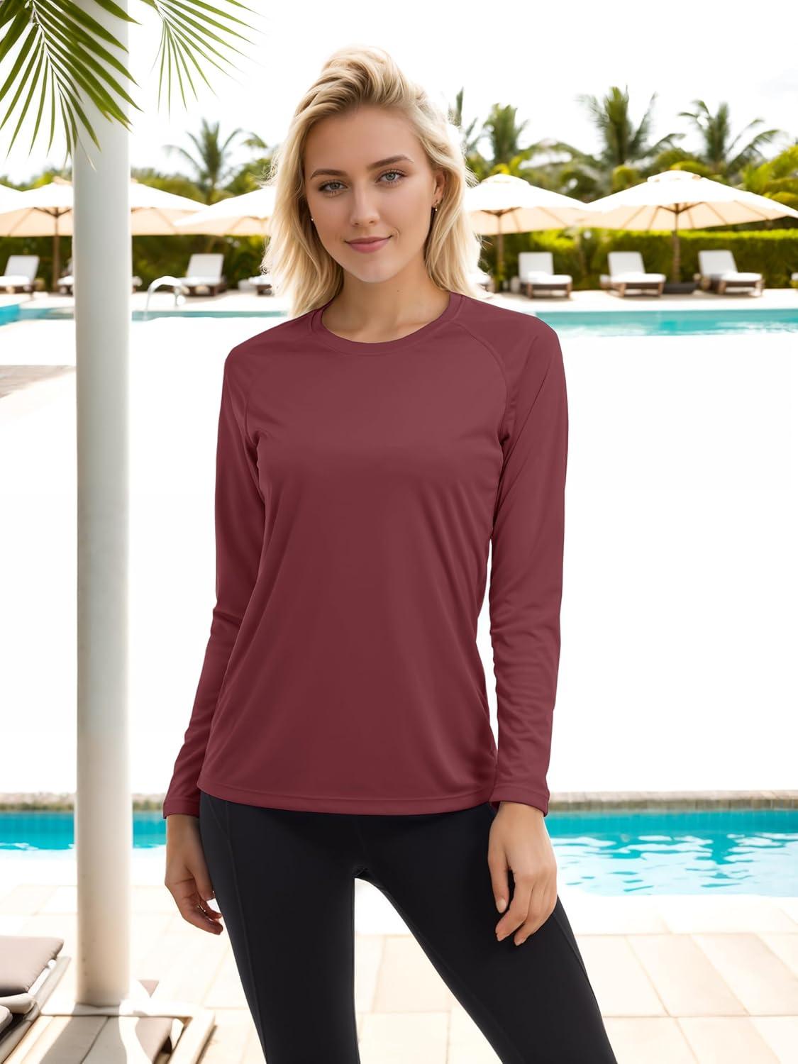 imageTACVASEN Womens Long Sleeve Rash Guard UPF 50 UV Sun Shirts Quick Dry Swim Shirt Hiking TopsWine Red
