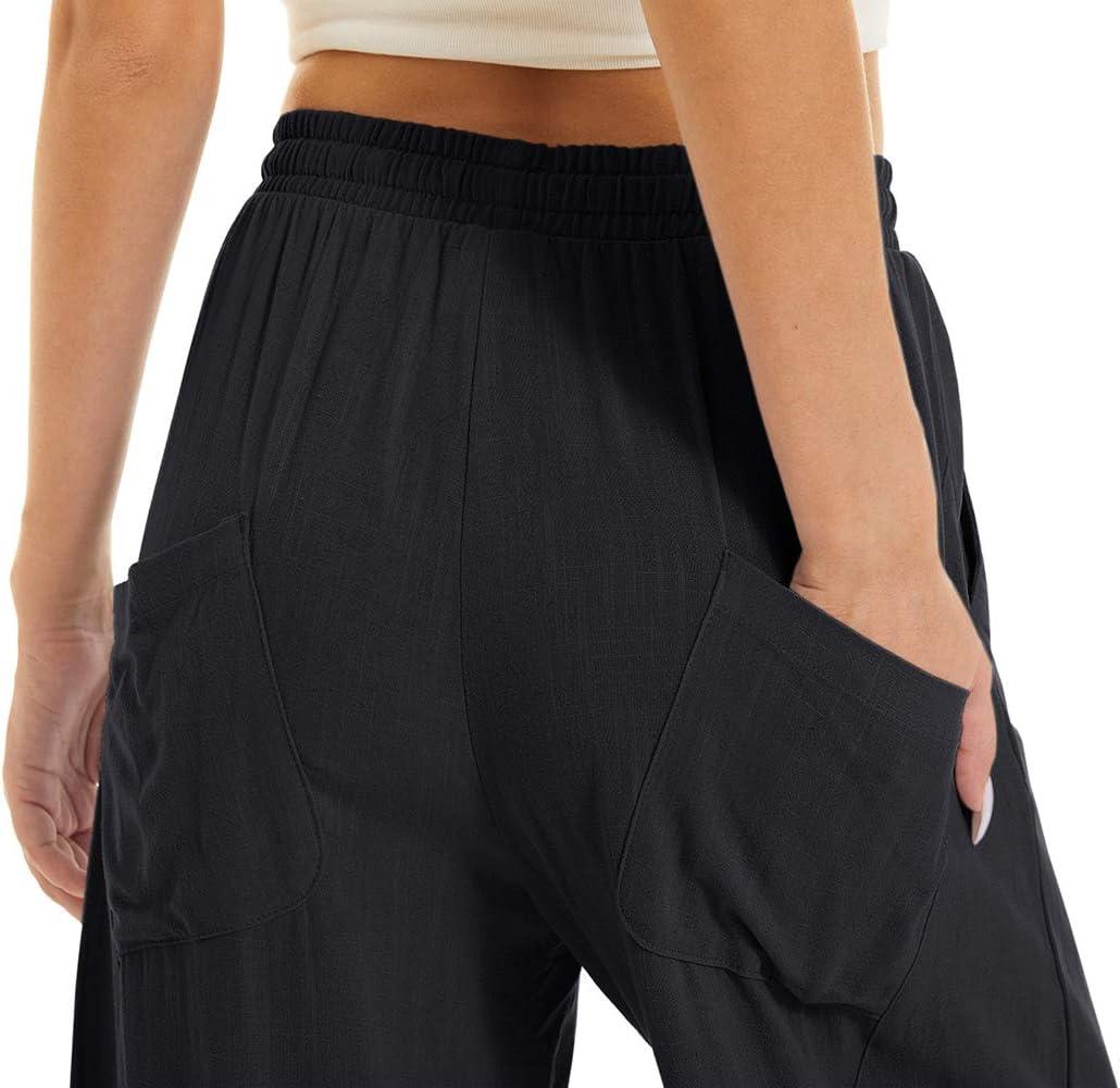 imageTACVASEN Womens Yoga Pants Cotton Linen Loose Fit Lounge Walking Pants Summer with 4 Pockets Black S
