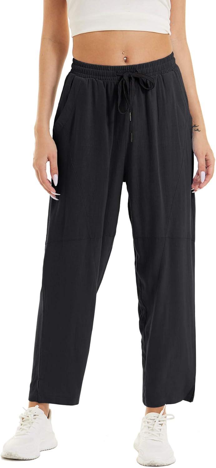 imageTACVASEN Womens Yoga Pants Cotton Linen Loose Fit Lounge Walking Pants Summer with 4 Pockets Black S
