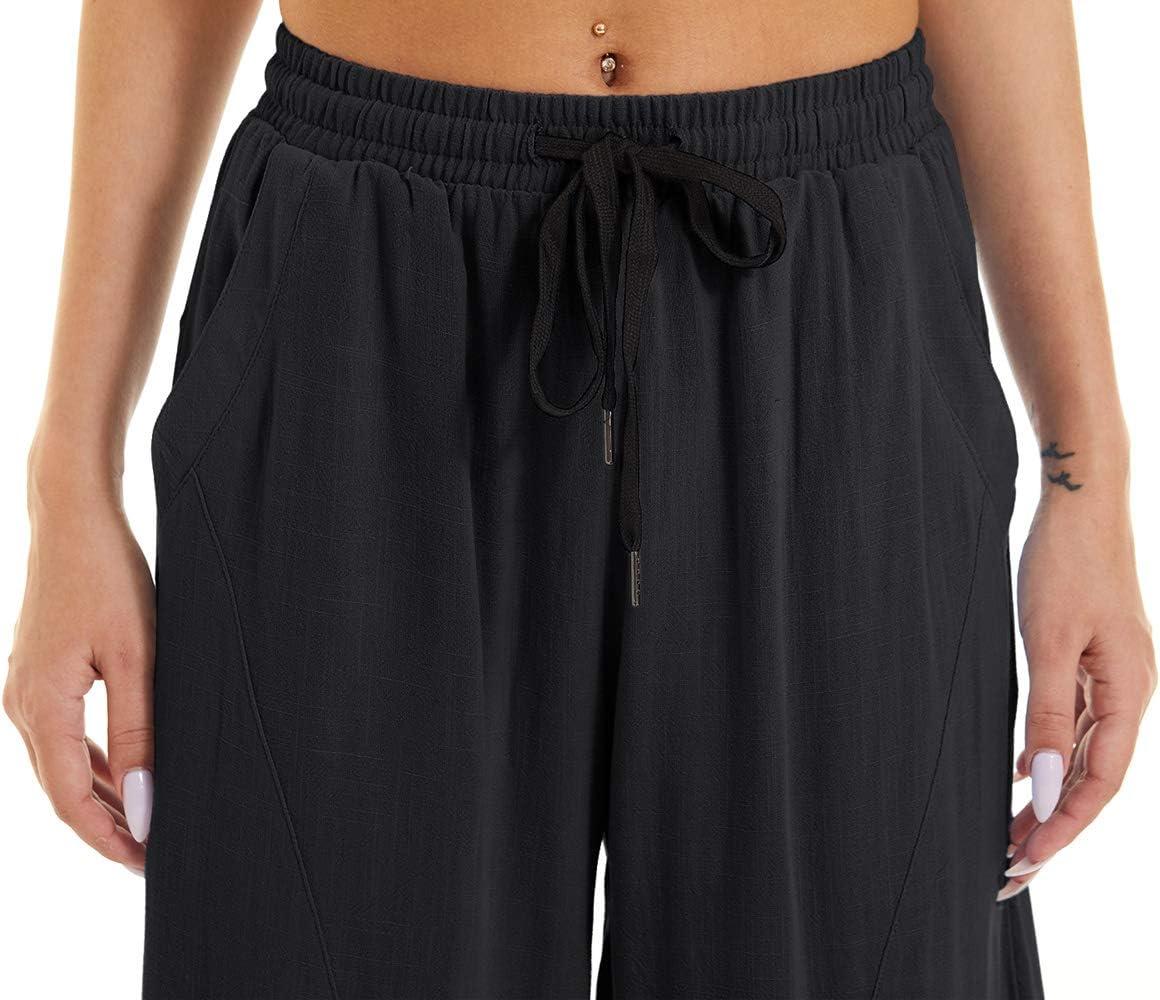 imageTACVASEN Womens Yoga Pants Cotton Linen Loose Fit Lounge Walking Pants Summer with 4 Pockets Black S