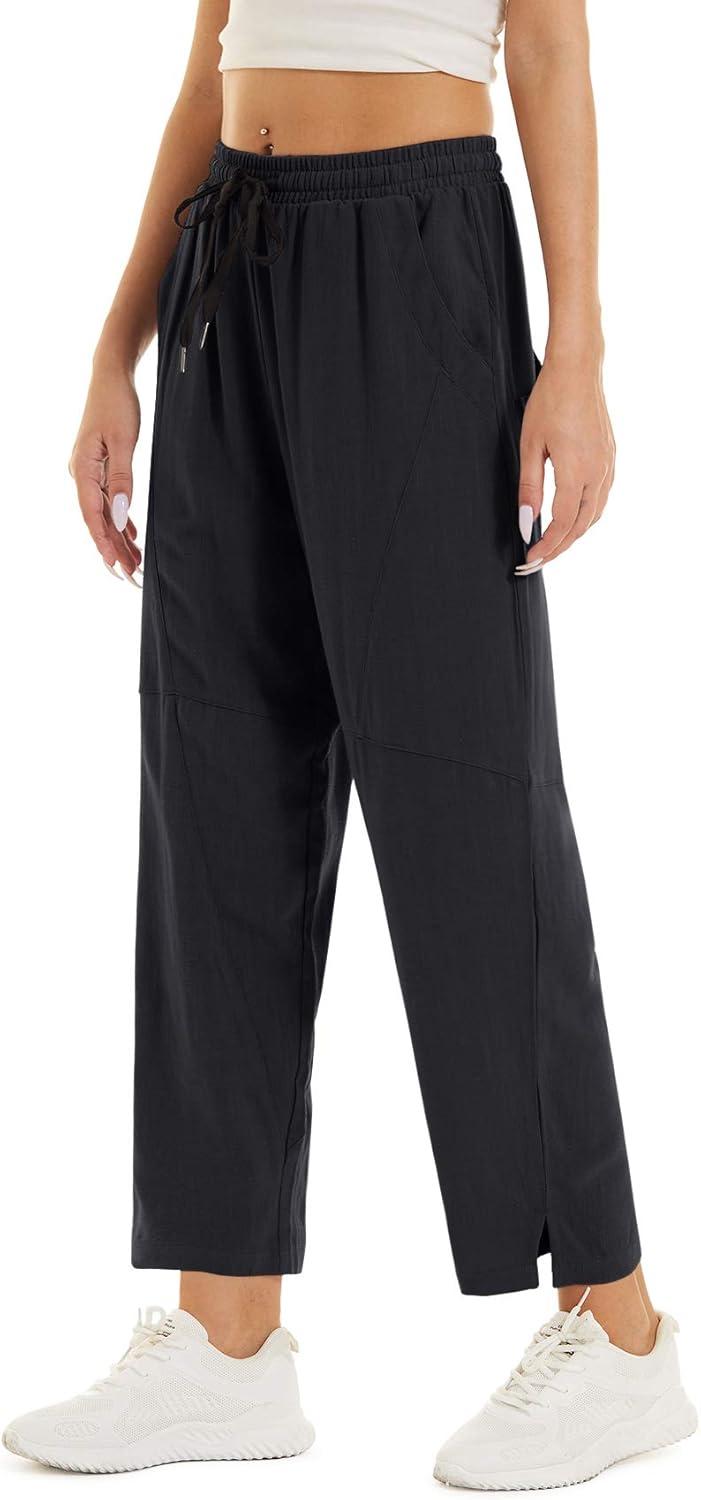 imageTACVASEN Womens Yoga Pants Cotton Linen Loose Fit Lounge Walking Pants Summer with 4 Pockets Black S
