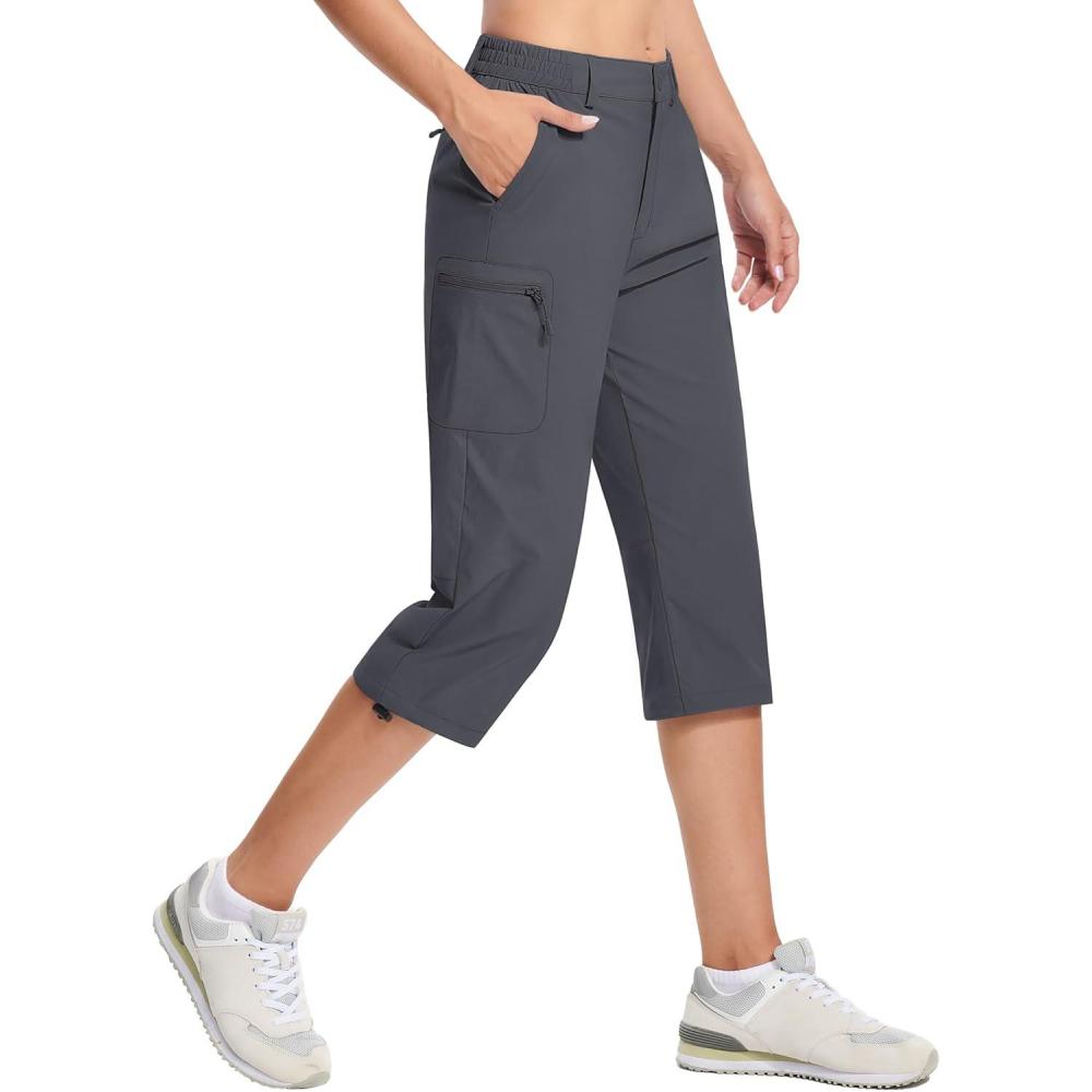 imageTACVASEN Womens Cargo Capris Hiking Pants Lightweight Quick Dry Travel Long Shorts Golf Casual Summer Zipper PocketsDark Grey