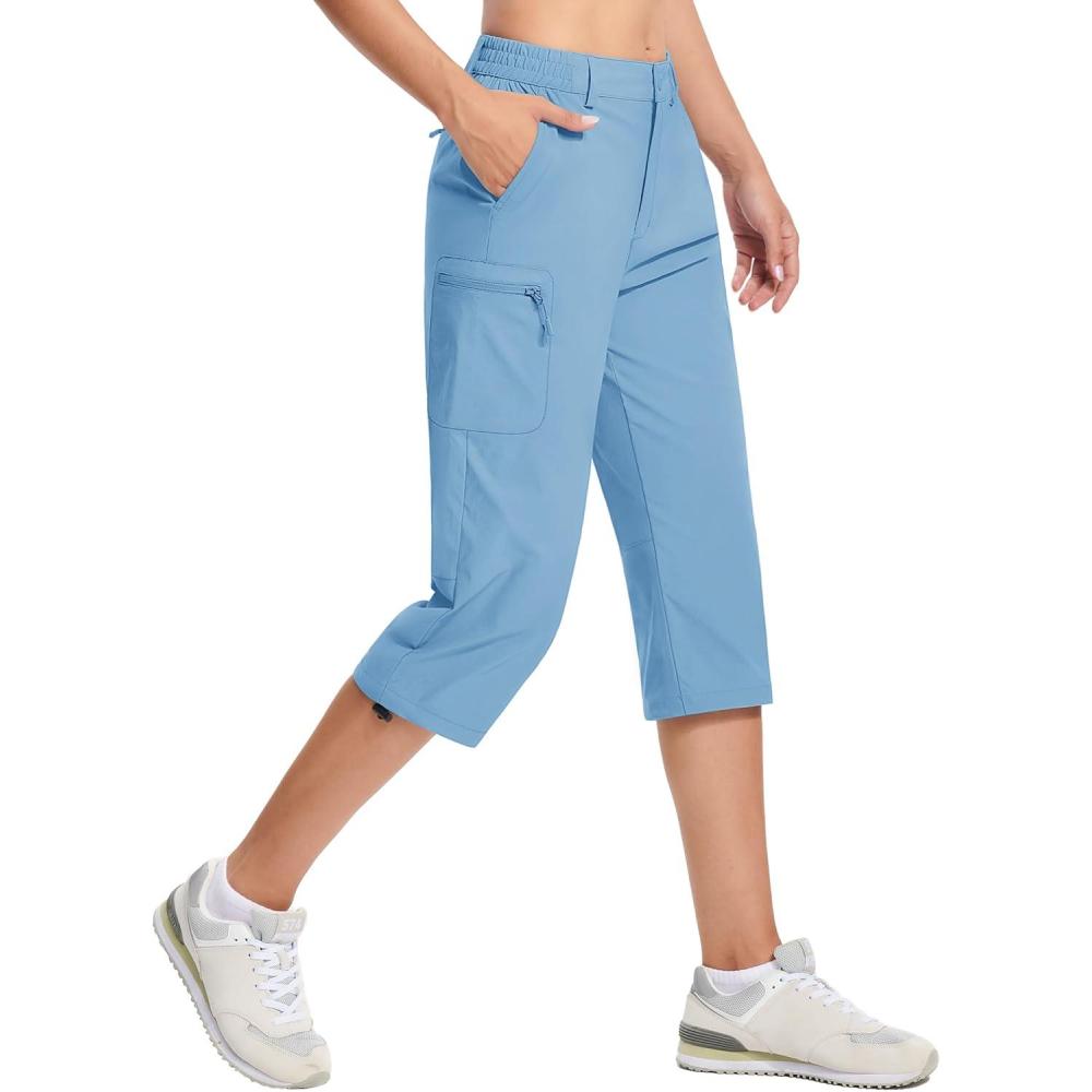 imageTACVASEN Womens Cargo Capris Hiking Pants Lightweight Quick Dry Travel Long Shorts Golf Casual Summer Zipper PocketsLight Blue