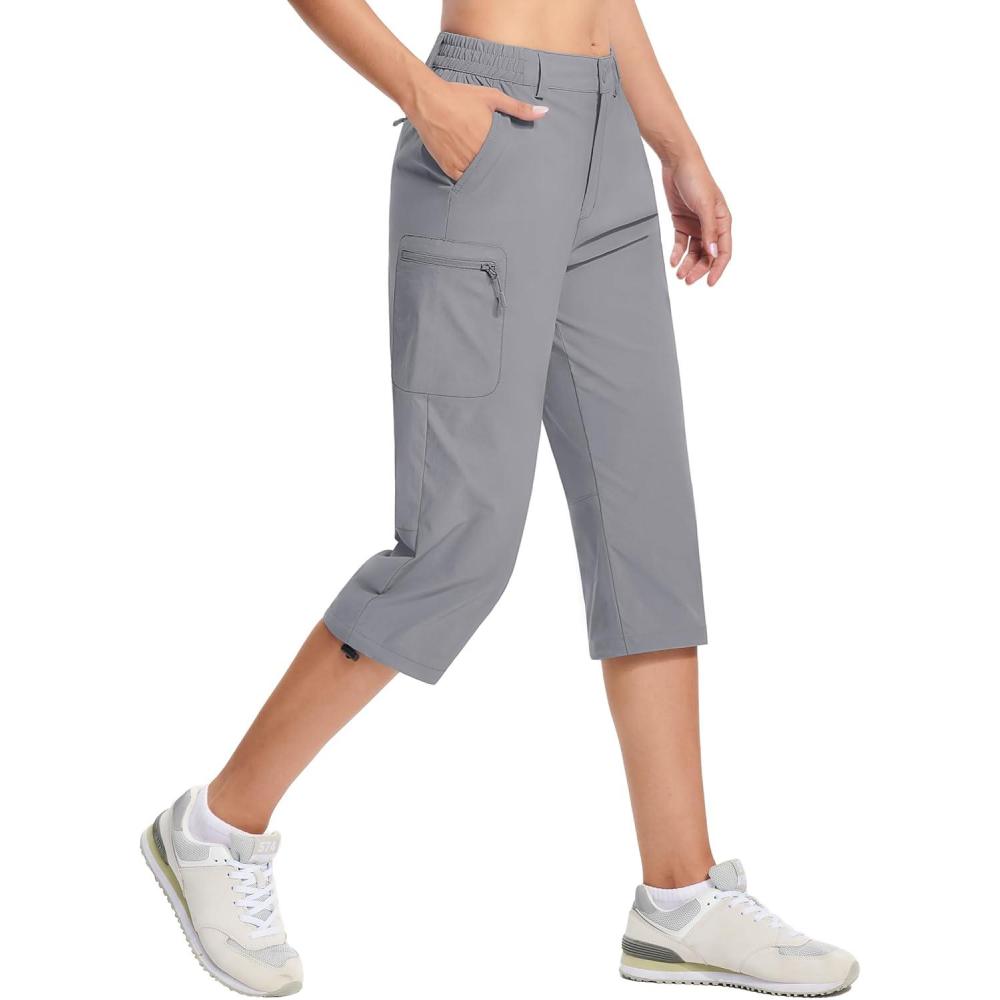 imageTACVASEN Womens Cargo Capris Hiking Pants Lightweight Quick Dry Travel Long Shorts Golf Casual Summer Zipper PocketsLight Grey