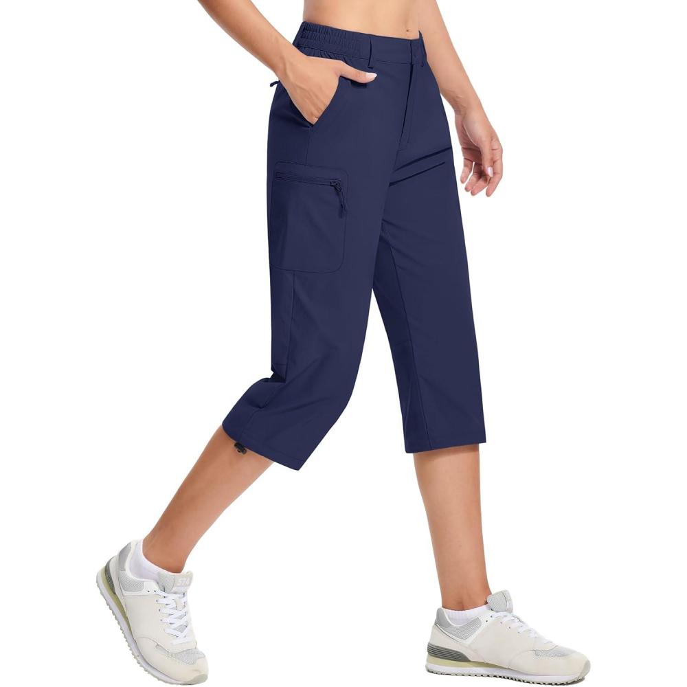 imageTACVASEN Womens Cargo Capris Hiking Pants Lightweight Quick Dry Travel Long Shorts Golf Casual Summer Zipper PocketsNavy