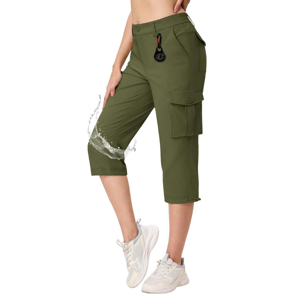 imageTACVASEN Womens Cargo Capris Lightweight Hiking Capri Pants with Pockets Water Resistant Summer Travel Outdoor CasualArmy Green