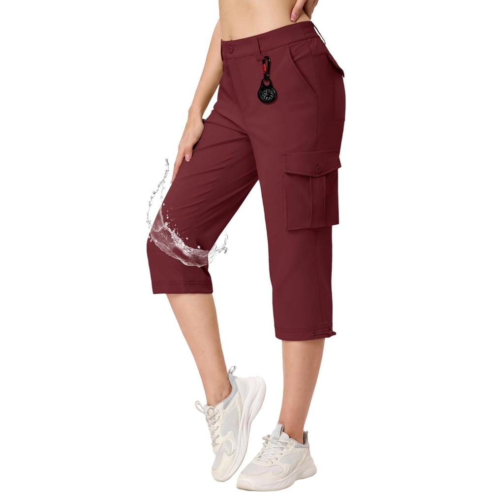 imageTACVASEN Womens Cargo Capris Lightweight Hiking Capri Pants with Pockets Water Resistant Summer Travel Outdoor CasualWine Red