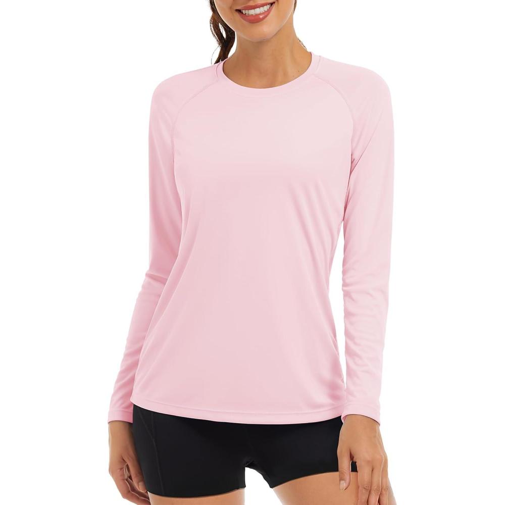 imageTACVASEN Womens Long Sleeve Rash Guard UPF 50 UV Sun Shirts Quick Dry Swim Shirt Hiking TopsPink
