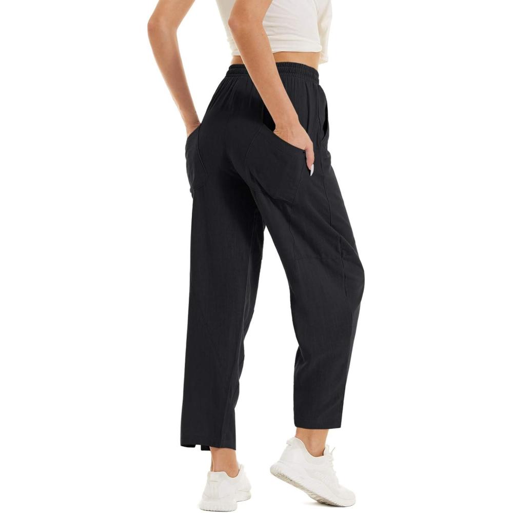 imageTACVASEN Womens Yoga Pants Cotton Linen Loose Fit Lounge Walking Pants Summer with 4 Pockets Black S