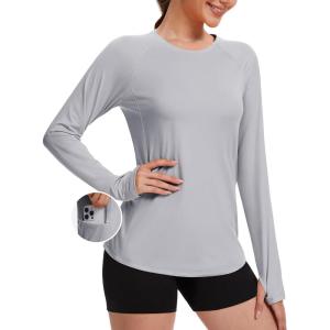 imageTACVASEN Long Sleeve Shirts for Women Workout Top UPF 80 UV Protection Lightweight Rash Guard with Pocket Running ShirtBrightgray
