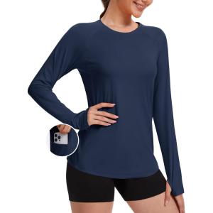 imageTACVASEN Long Sleeve Shirts for Women Workout Top UPF 80 UV Protection Lightweight Rash Guard with Pocket Running ShirtNavy