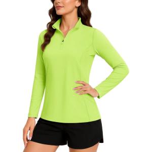 imageTACVASEN Womens Quarter Zip Pullover Golf Shirts UPF 50 Long Sleeve Sun Shirts UV Protection Workout TopsFluorescent Green
