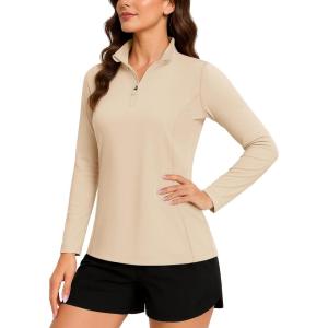 imageTACVASEN Womens Quarter Zip Pullover Golf Shirts UPF 50 Long Sleeve Sun Shirts UV Protection Workout TopsLight Apricot