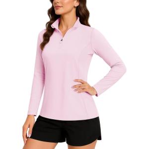 imageTACVASEN Womens Quarter Zip Pullover Golf Shirts UPF 50 Long Sleeve Sun Shirts UV Protection Workout TopsPink
