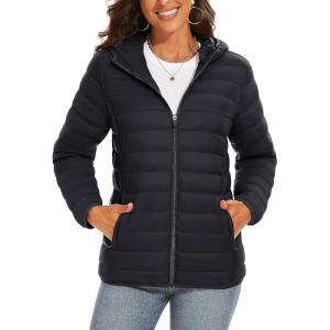 imageTACVASEN Womens Lightweight Puffer Jacket with Hood Pockets Quilted Padded Fullzip Winter CoatBlack