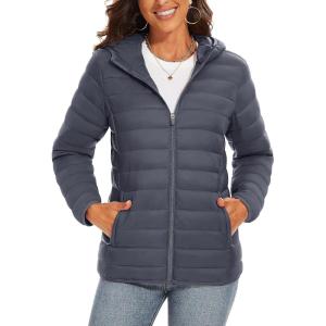 imageTACVASEN Womens Lightweight Puffer Jacket with Hood Pockets Quilted Padded Fullzip Winter CoatDark Grey