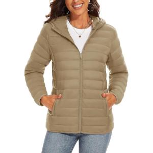 imageTACVASEN Womens Lightweight Puffer Jacket with Hood Pockets Quilted Padded Fullzip Winter CoatKhaki