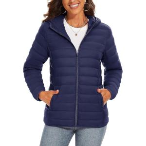 imageTACVASEN Womens Lightweight Puffer Jacket with Hood Pockets Quilted Padded Fullzip Winter CoatNavy Blue