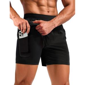 imageTACVASEN Mens 2 in 1 Running Shorts with Liner Quick Dry 5quot Workout Gym Athletic Training Waterproof Short with PocketsBlack