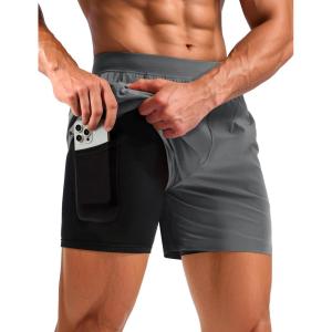 imageTACVASEN Mens 2 in 1 Running Shorts with Liner Quick Dry 5quot Workout Gym Athletic Training Waterproof Short with PocketsMediumgrey