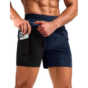 imageTACVASEN Mens 2 in 1 Running Shorts with Liner Quick Dry 5quot Workout Gym Athletic Training Waterproof Short with PocketsNavy