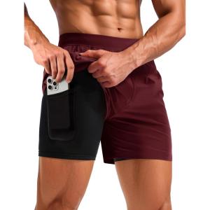 imageTACVASEN Mens 2 in 1 Running Shorts with Liner Quick Dry 5quot Workout Gym Athletic Training Waterproof Short with PocketsWinered