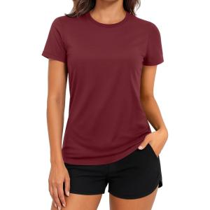 imageTACVASEN Short Sleeve Shirts for Women Athletic Workout Tops UPF 50 Sun Protection Quick Dry Running TShirtsWine Red