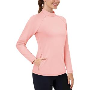 imageTACVASEN Womens Thermal Shirts Mock Turtleneck Fleece Lined Long Sleeve Underwear Water Resistant Athletic Base LayerLight Pink
