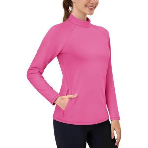imageTACVASEN Womens Thermal Shirts Mock Turtleneck Fleece Lined Long Sleeve Underwear Water Resistant Athletic Base LayerRose Red