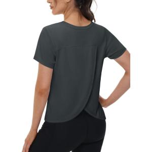 imageTACVASEN Workout Tops for Women Short Sleeve Cropped Split Back Athletic Shirts Breathable Exercise Running Gym ShirtsDark Grey