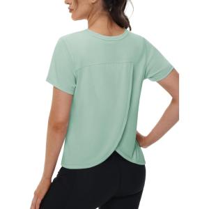 imageTACVASEN Workout Tops for Women Short Sleeve Cropped Split Back Athletic Shirts Breathable Exercise Running Gym ShirtsGrey Green