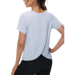 imageTACVASEN Workout Tops for Women Short Sleeve Cropped Split Back Athletic Shirts Breathable Exercise Running Gym ShirtsLight Sky Blue