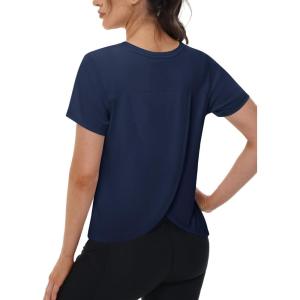 imageTACVASEN Workout Tops for Women Short Sleeve Cropped Split Back Athletic Shirts Breathable Exercise Running Gym ShirtsNavy