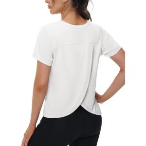 imageTACVASEN Workout Tops for Women Short Sleeve Cropped Split Back Athletic Shirts Breathable Exercise Running Gym ShirtsWhite