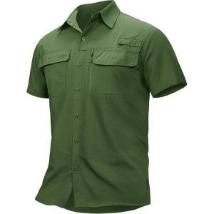 imageTACVASEN Fishing Shirts for Men Cool Hiking Shirt Button Up Short Sleeve SPF UPF 50 Sun Shirt Quick Dry for TacticalArmygreen