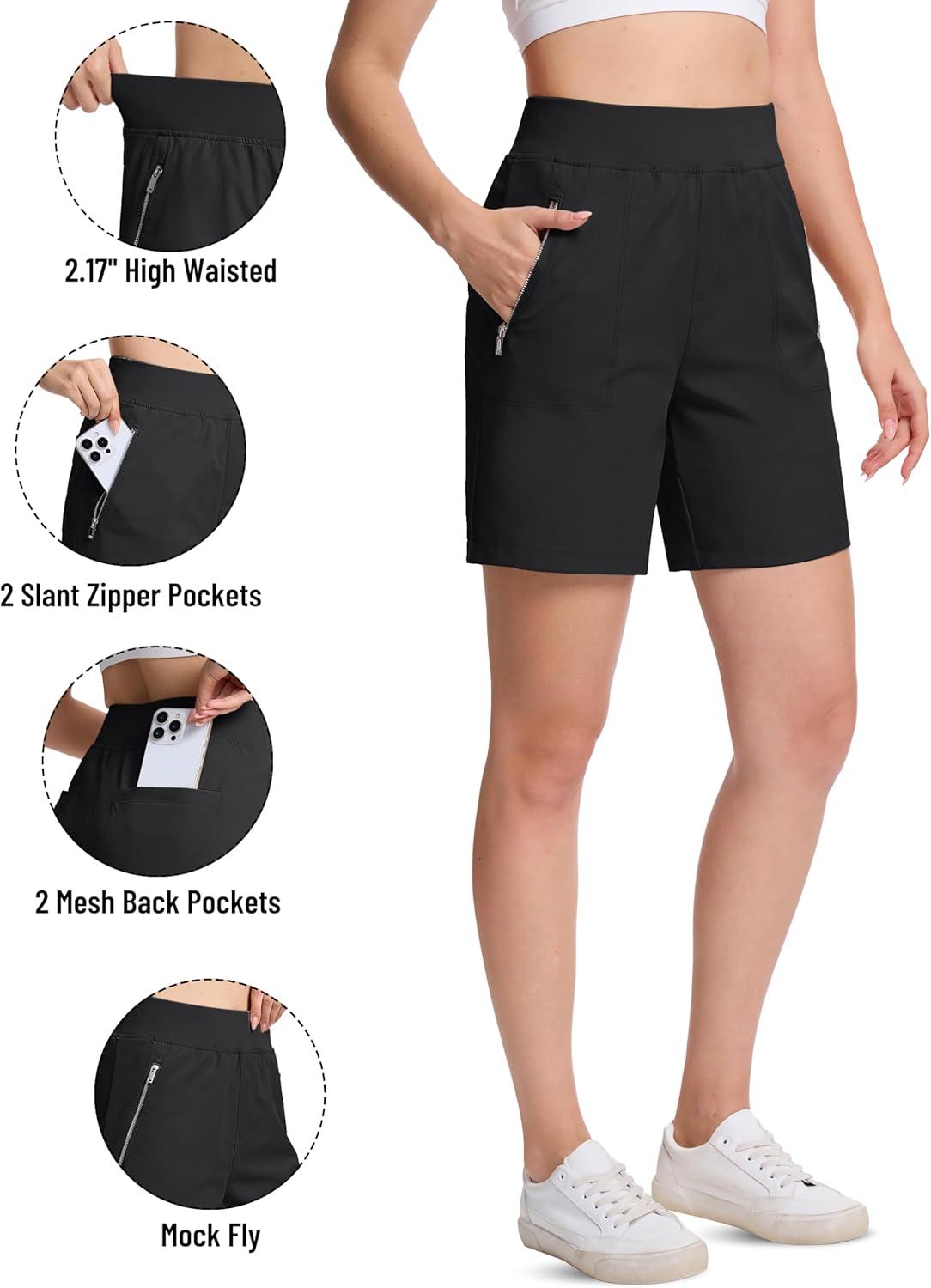 imageTACVASEN Womens 7 High Waisted Hiking Golf Shorts Lightweight Stretch Athletic Shorts Summer Outdoor with Zipper PocketsBlack