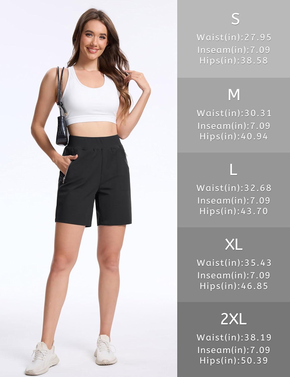 imageTACVASEN Womens 7 High Waisted Hiking Golf Shorts Lightweight Stretch Athletic Shorts Summer Outdoor with Zipper PocketsBlack