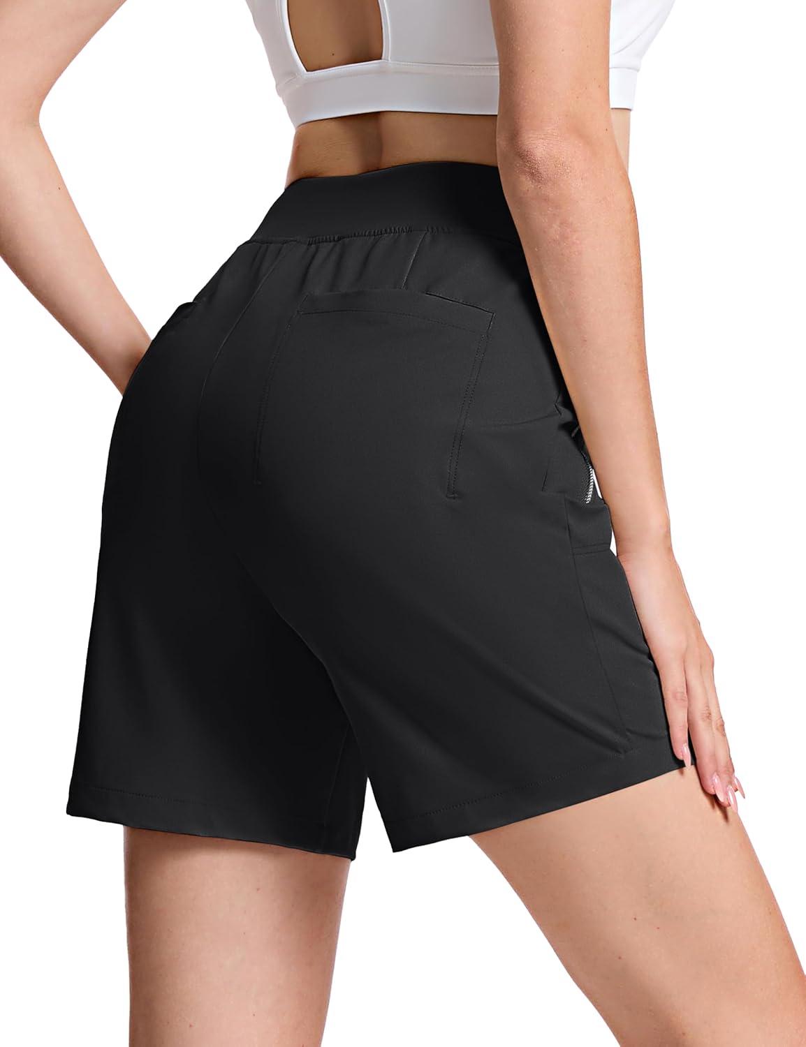 imageTACVASEN Womens 7 High Waisted Hiking Golf Shorts Lightweight Stretch Athletic Shorts Summer Outdoor with Zipper PocketsBlack