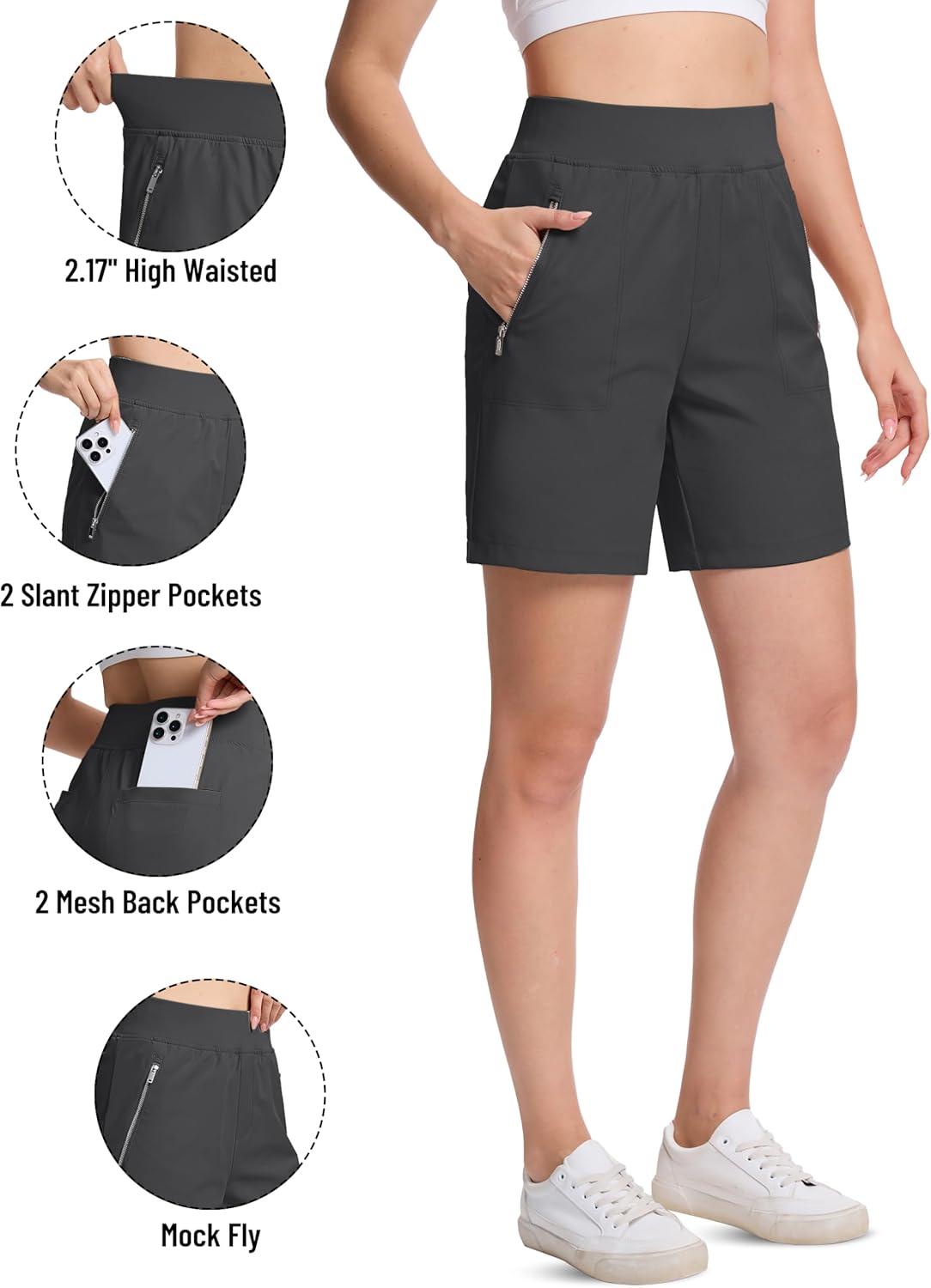 imageTACVASEN Womens 7 High Waisted Hiking Golf Shorts Lightweight Stretch Athletic Shorts Summer Outdoor with Zipper PocketsDarkgrey