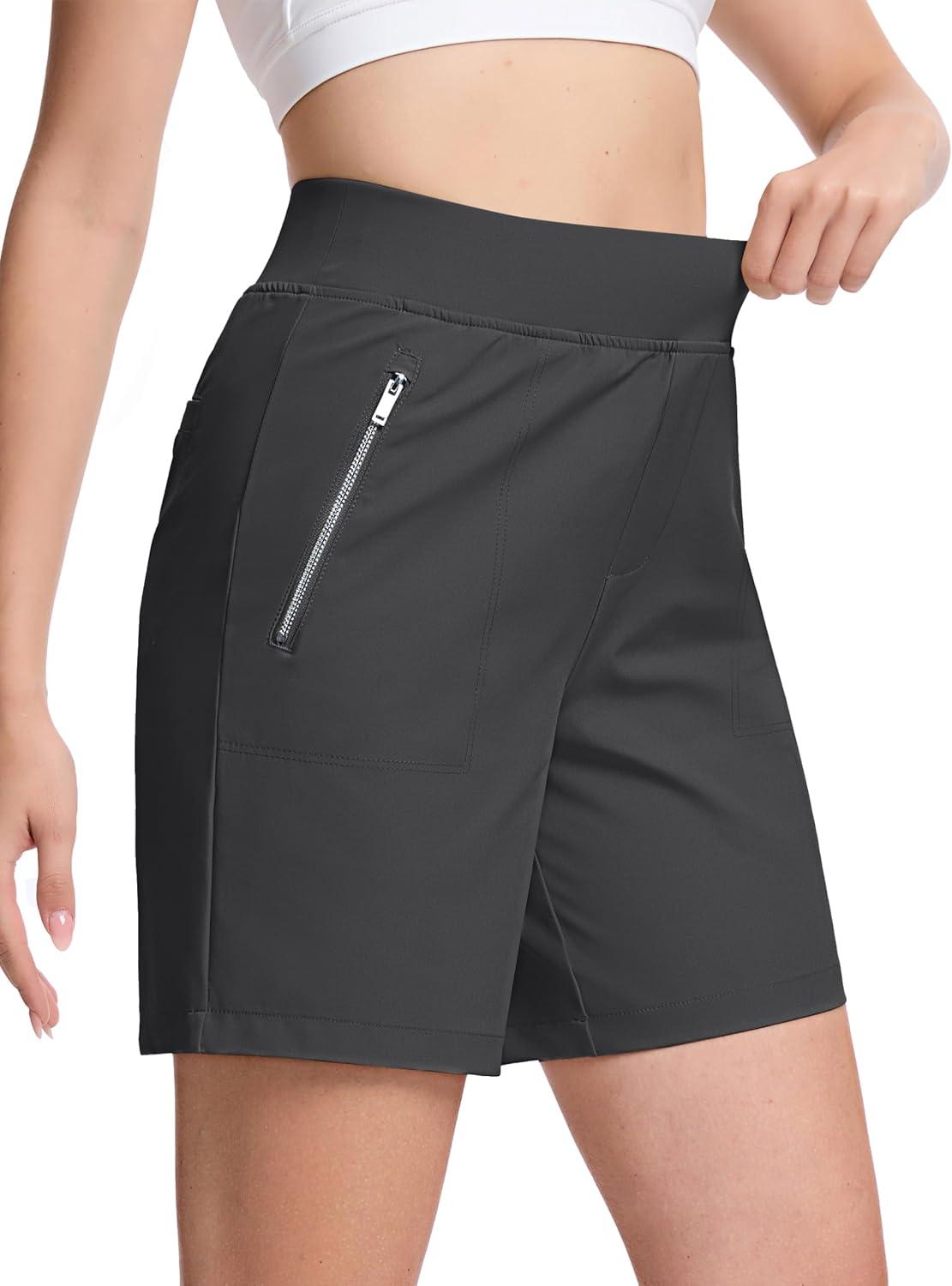 imageTACVASEN Womens 7 High Waisted Hiking Golf Shorts Lightweight Stretch Athletic Shorts Summer Outdoor with Zipper PocketsDarkgrey