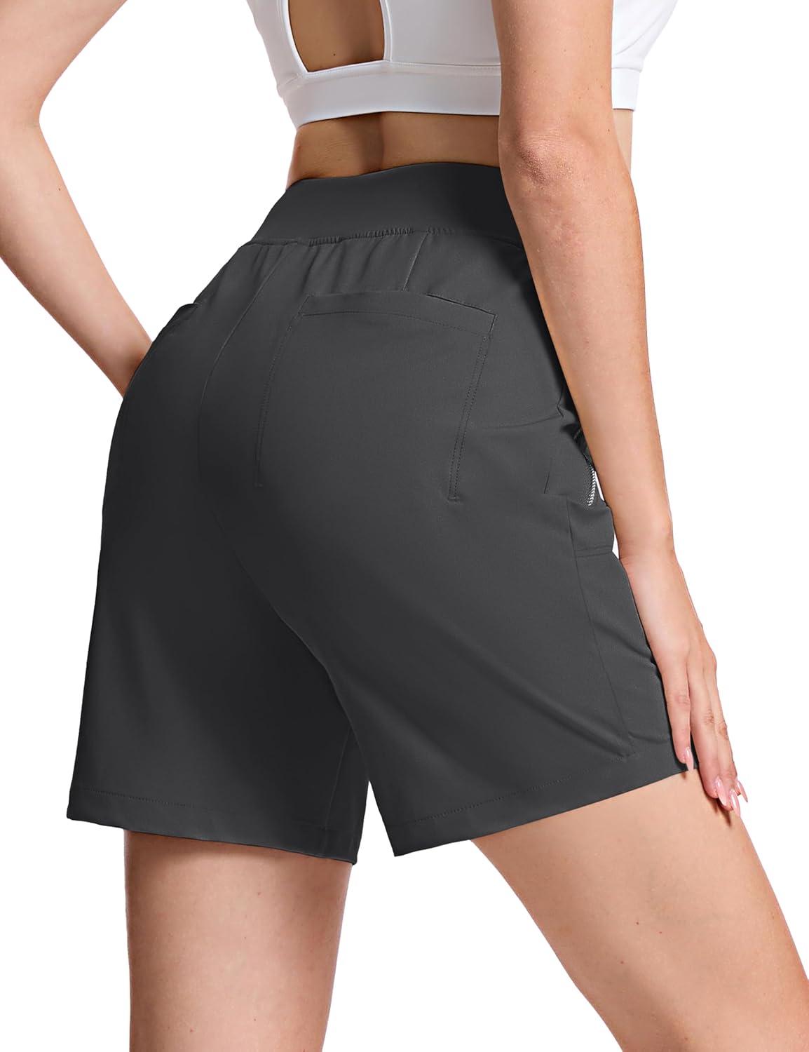 imageTACVASEN Womens 7 High Waisted Hiking Golf Shorts Lightweight Stretch Athletic Shorts Summer Outdoor with Zipper PocketsDarkgrey