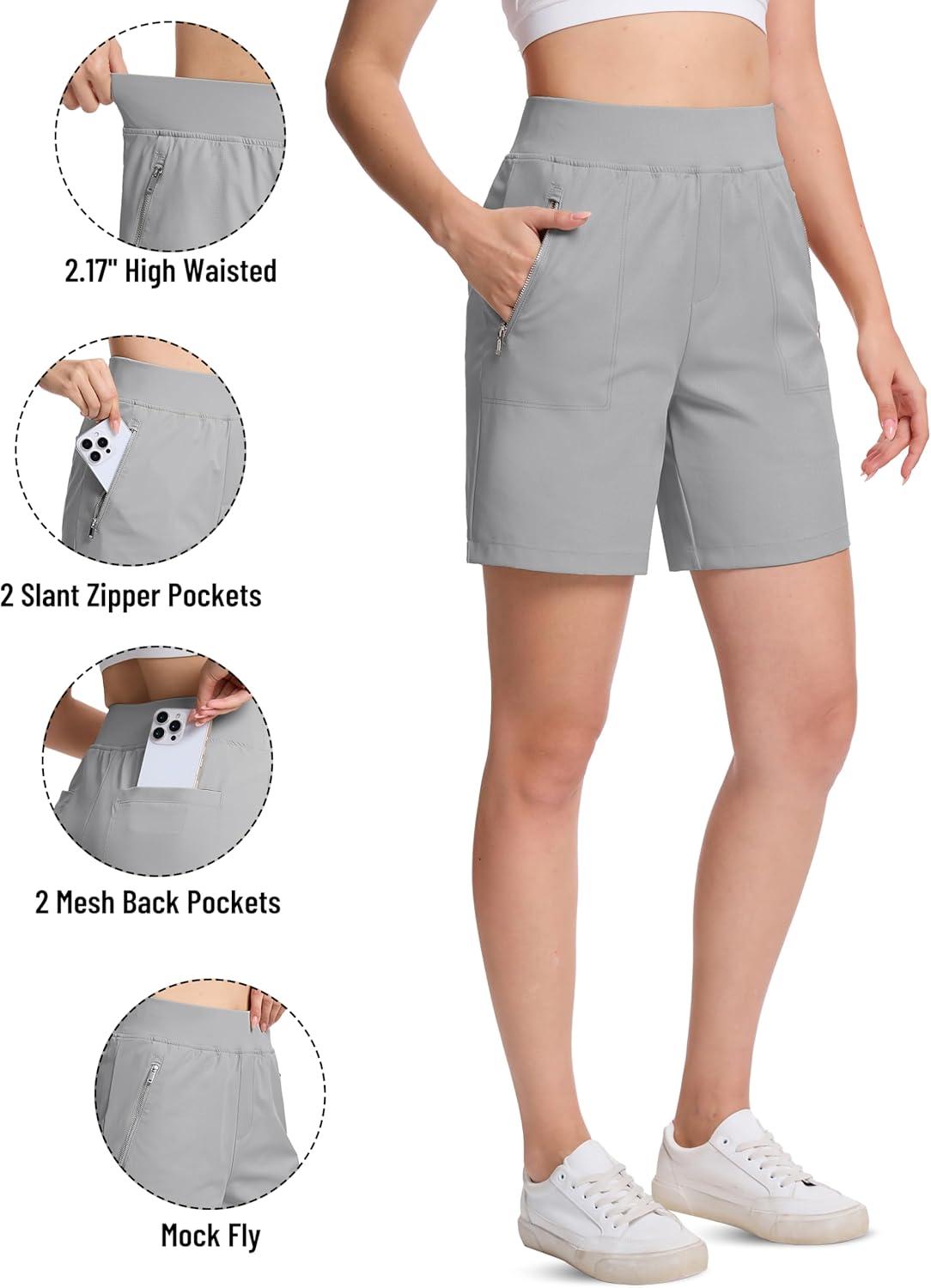 imageTACVASEN Womens 7 High Waisted Hiking Golf Shorts Lightweight Stretch Athletic Shorts Summer Outdoor with Zipper PocketsLgray