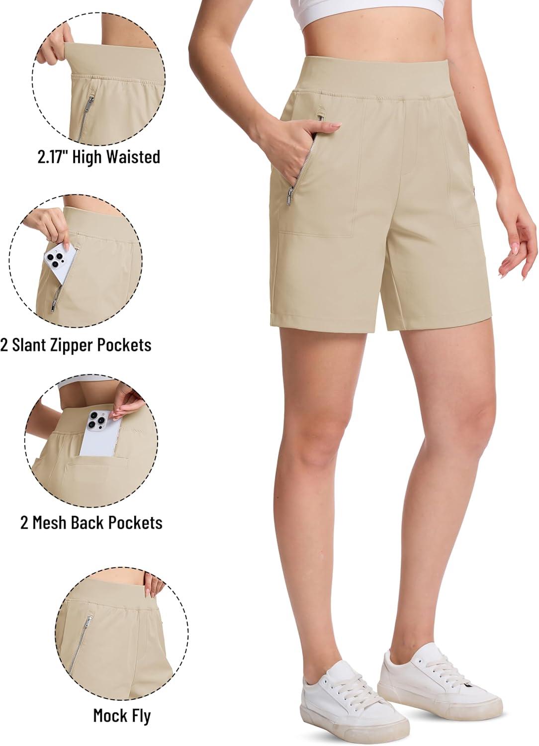 imageTACVASEN Womens 7 High Waisted Hiking Golf Shorts Lightweight Stretch Athletic Shorts Summer Outdoor with Zipper PocketsLightkhaki
