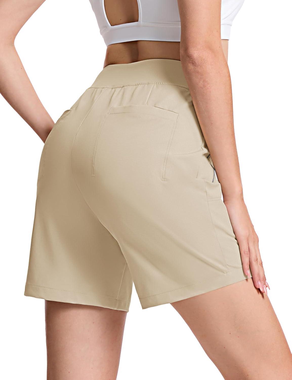 imageTACVASEN Womens 7 High Waisted Hiking Golf Shorts Lightweight Stretch Athletic Shorts Summer Outdoor with Zipper PocketsLightkhaki